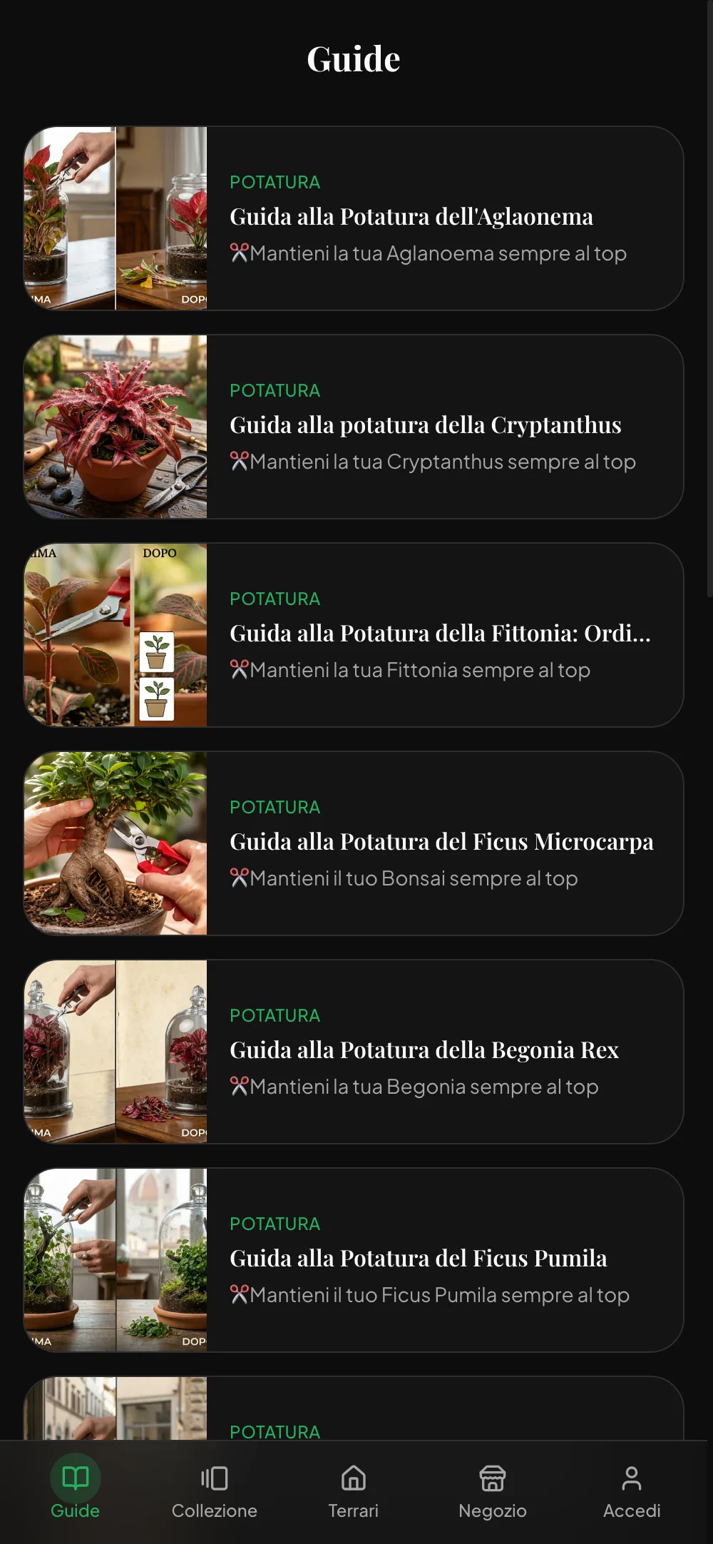 Schermata di GrowingApp con le guide di cura per i terrari